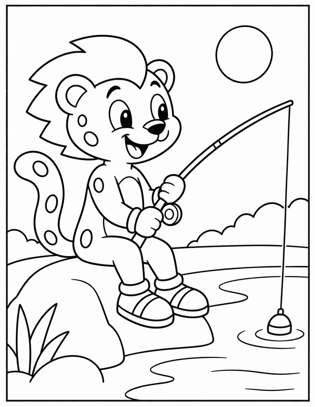 Outline drawing of a cheetah-like speedster superhero sitting on a rock and fishing by a pond