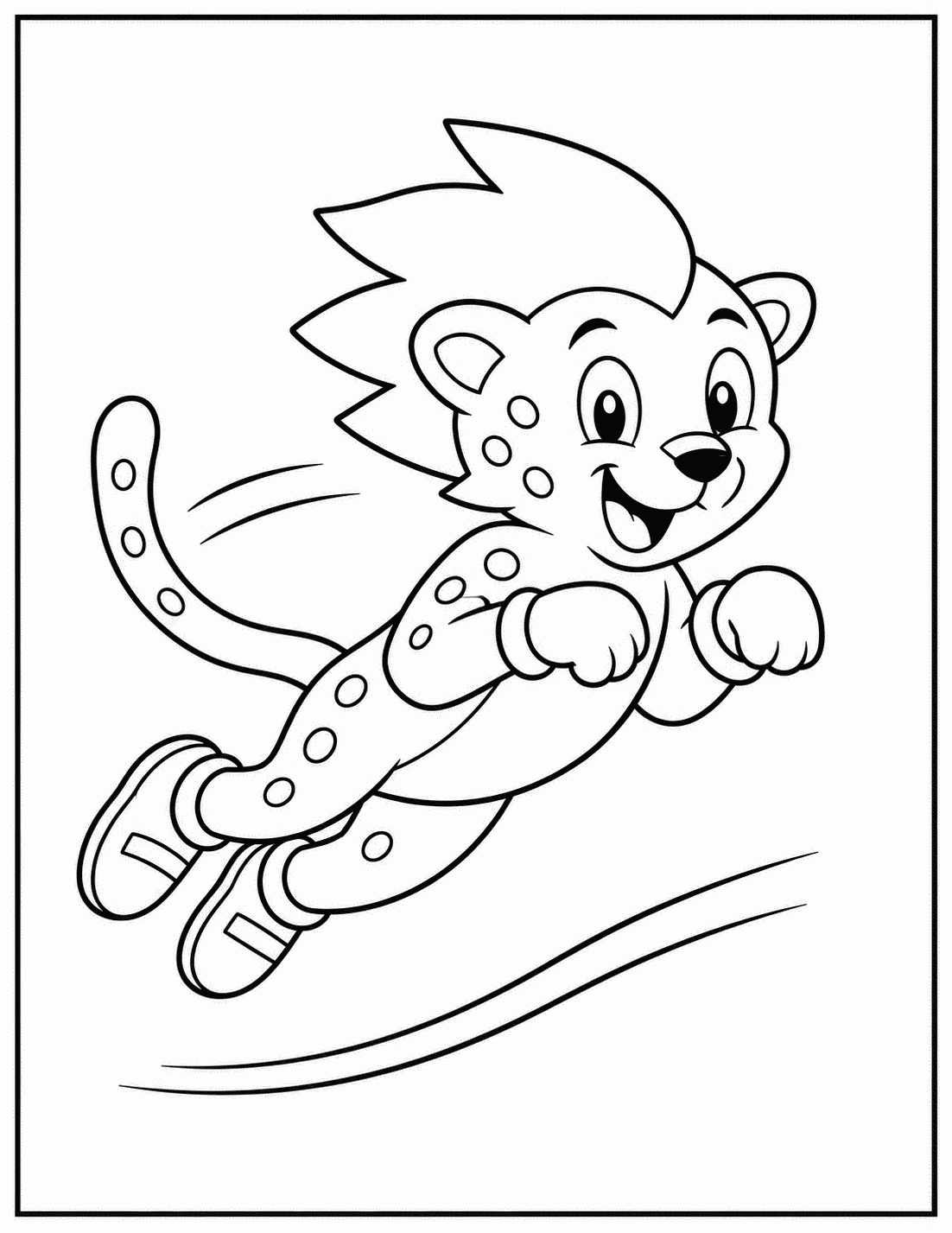 Outline drawing of a cheetah-like speedster superhero leaping through the air with a motion line below him