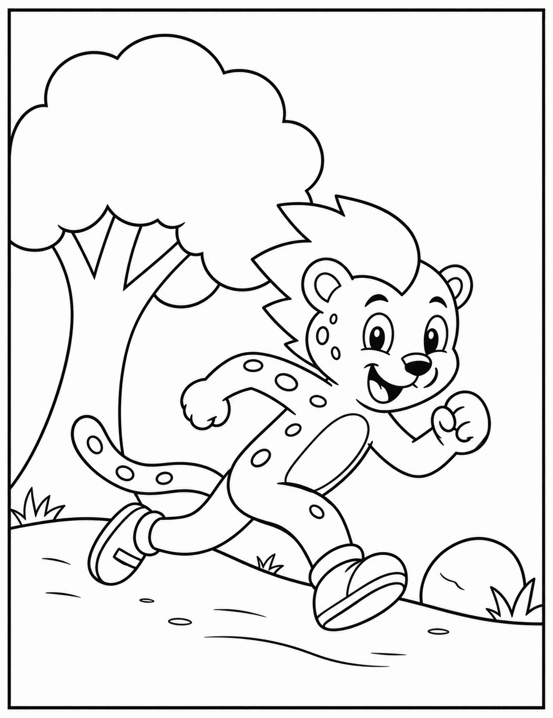 Outline drawing of a cheetah-like speedster superhero running past a tree, rock, and grass on a forest path