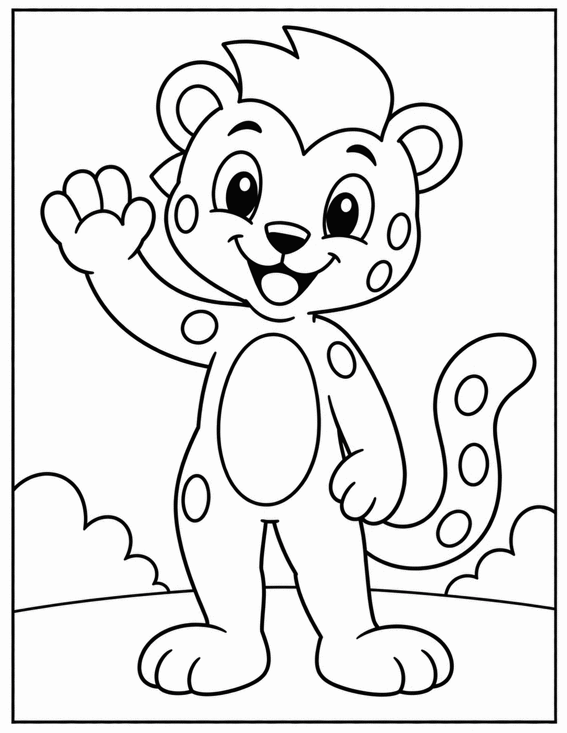Outline drawing of a cheetah-like speedster superhero standing and waving hello with clouds in the background