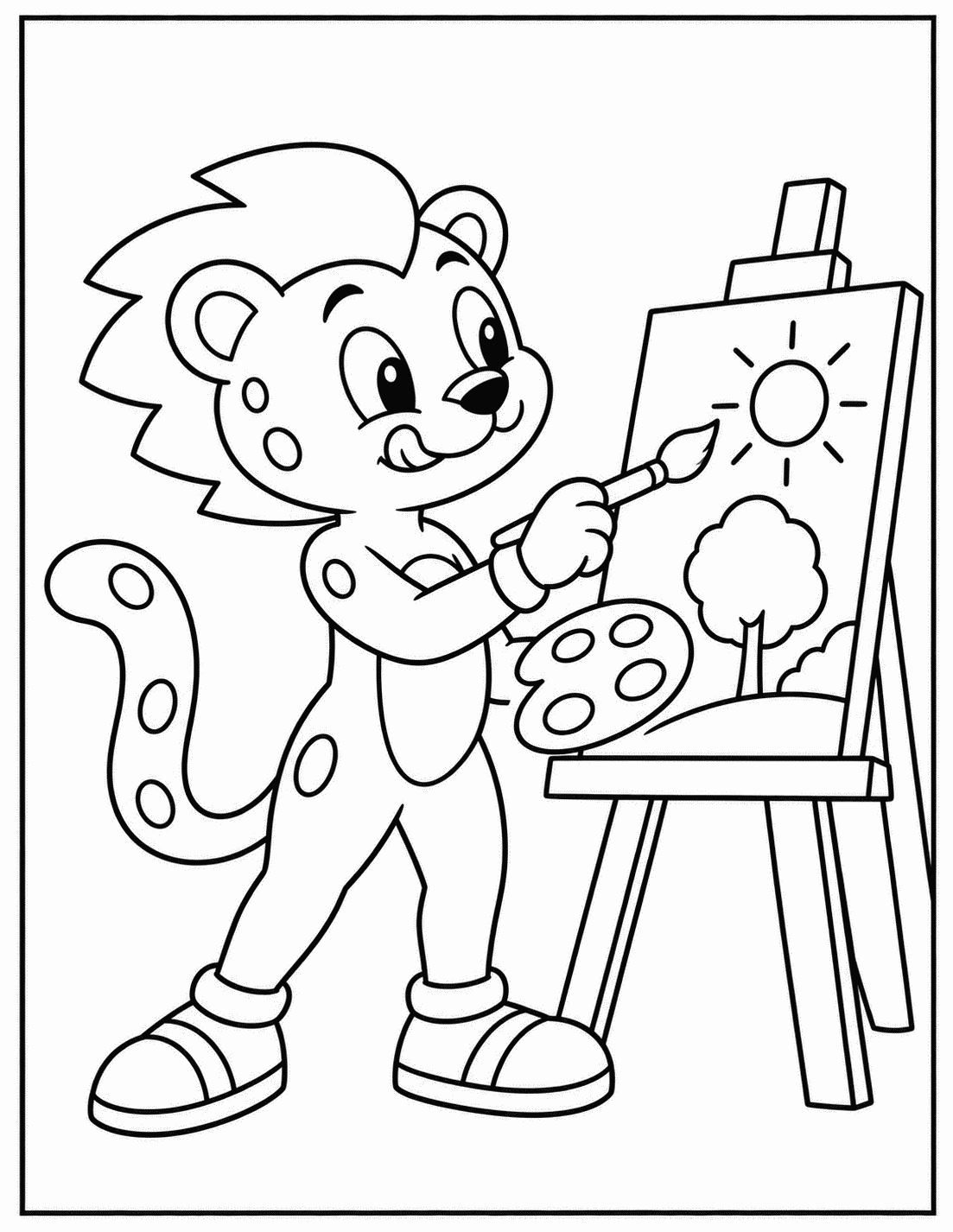 Outline drawing of a cheetah-like speedster superhero painting a sun and tree on a canvas at an easel