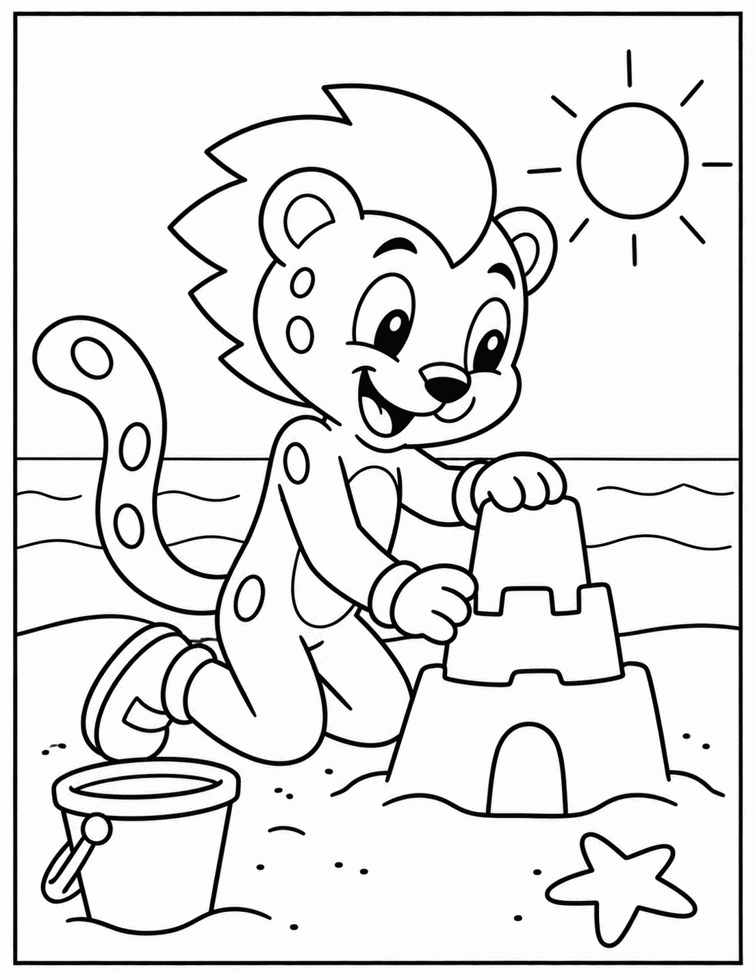 Outline drawing of a cheetah-like speedster superhero building a sandcastle on the beach with a bucket and starfish nearby