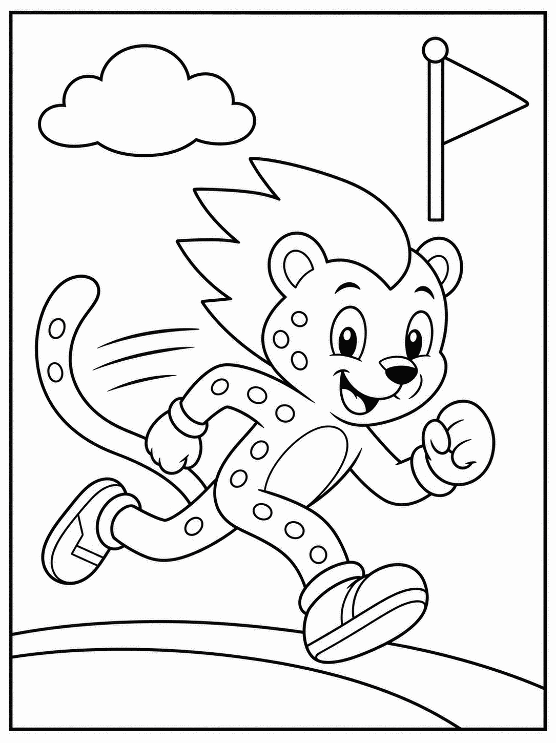 Outline drawing of a cheetah-like speedster superhero running toward a triangular race flag under a cloud