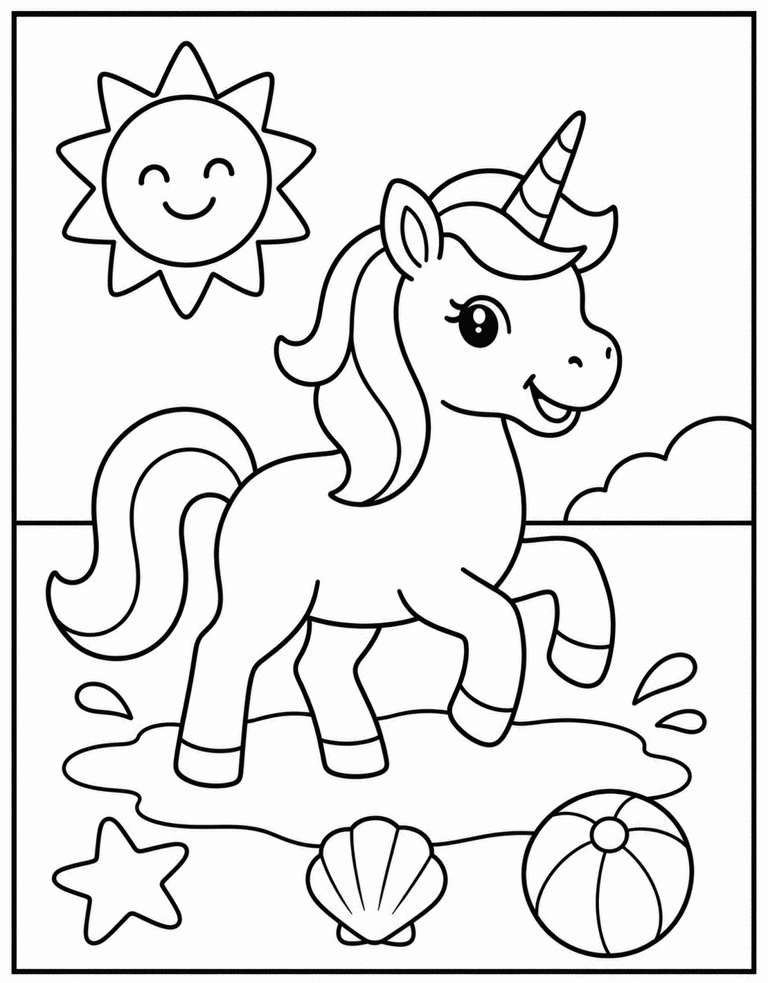Outline drawing of a unicorn playing in ocean waves at the beach under a smiling sun, with a beach ball and starfish