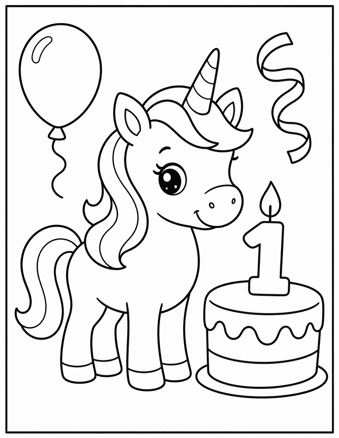 Outline drawing of a unicorn next to a birthday cake with a number one candle and a balloon