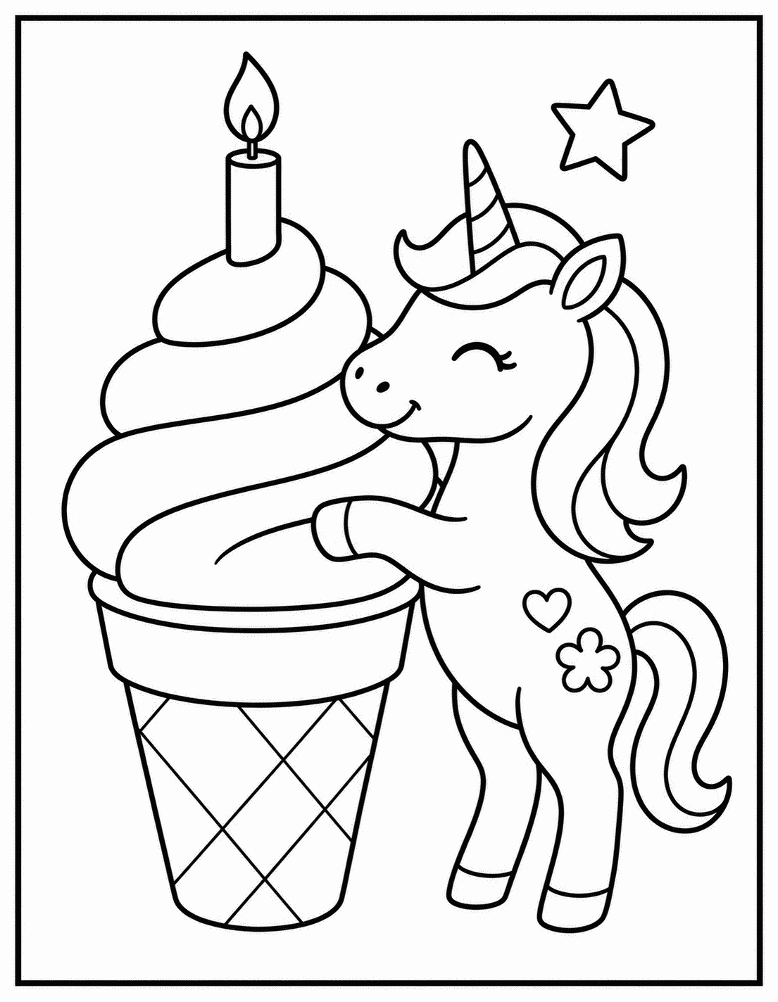 Outline drawing of a unicorn hugging a big swirled ice cream cone with a candle and confetti