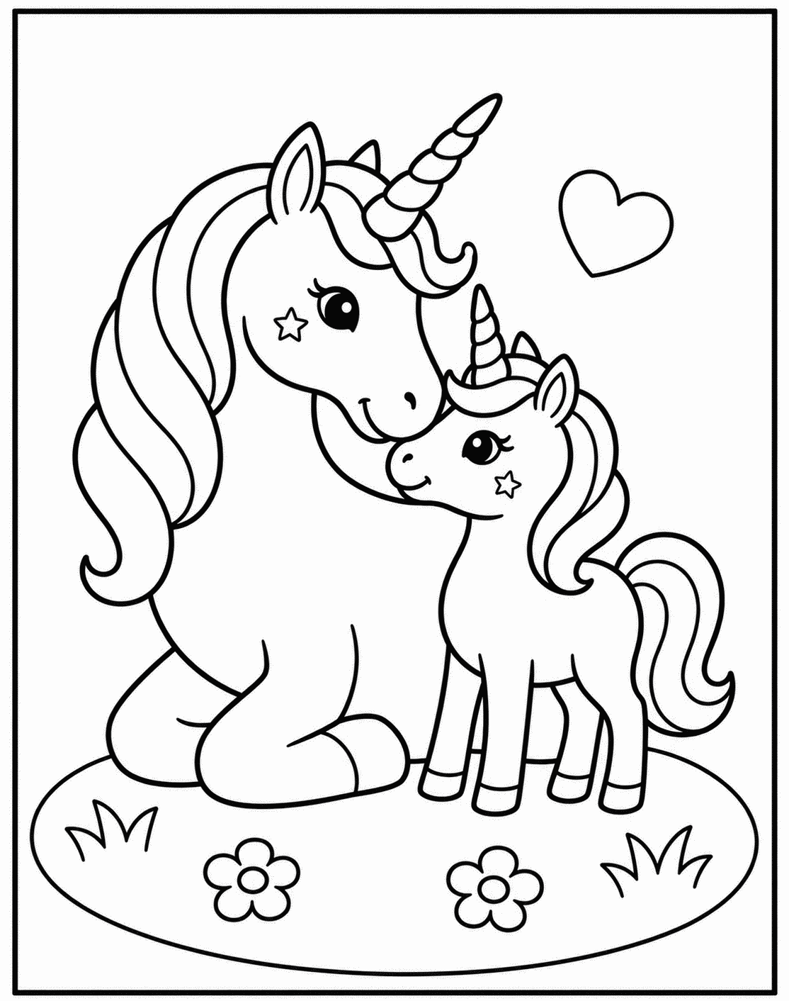 Outline drawing of a mother unicorn nuzzling her baby unicorn beside a floating heart