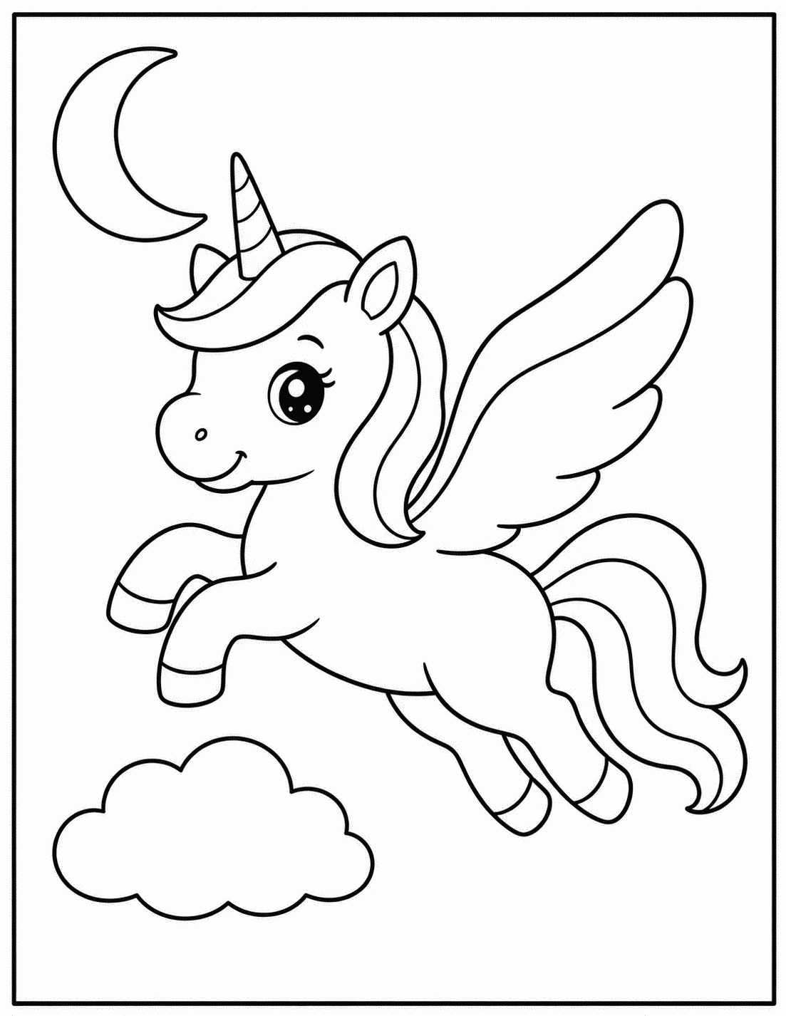 Outline drawing of a winged unicorn flying at night past a crescent moon and cloud