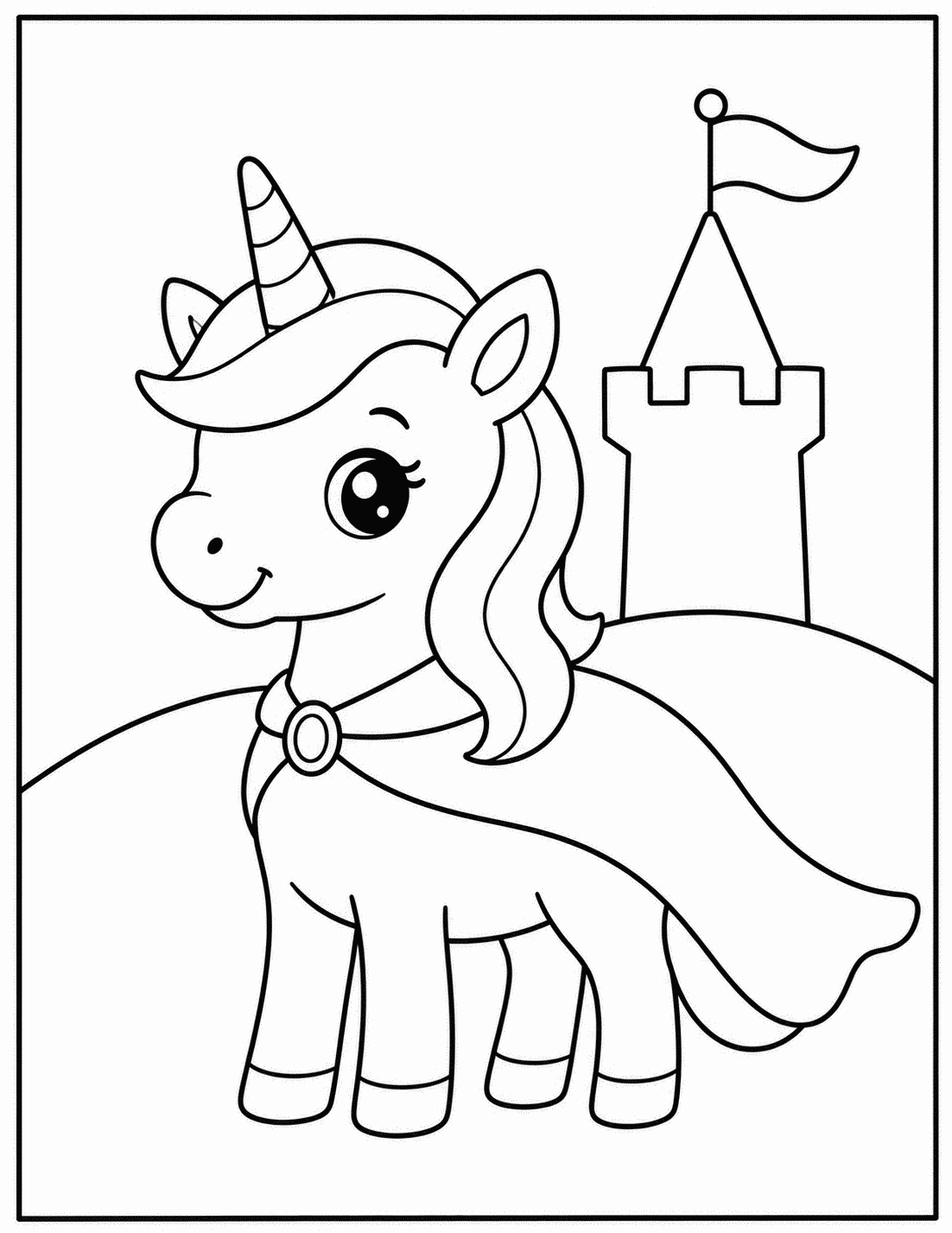 Outline drawing of a unicorn wearing a cape standing in front of a castle with a flag