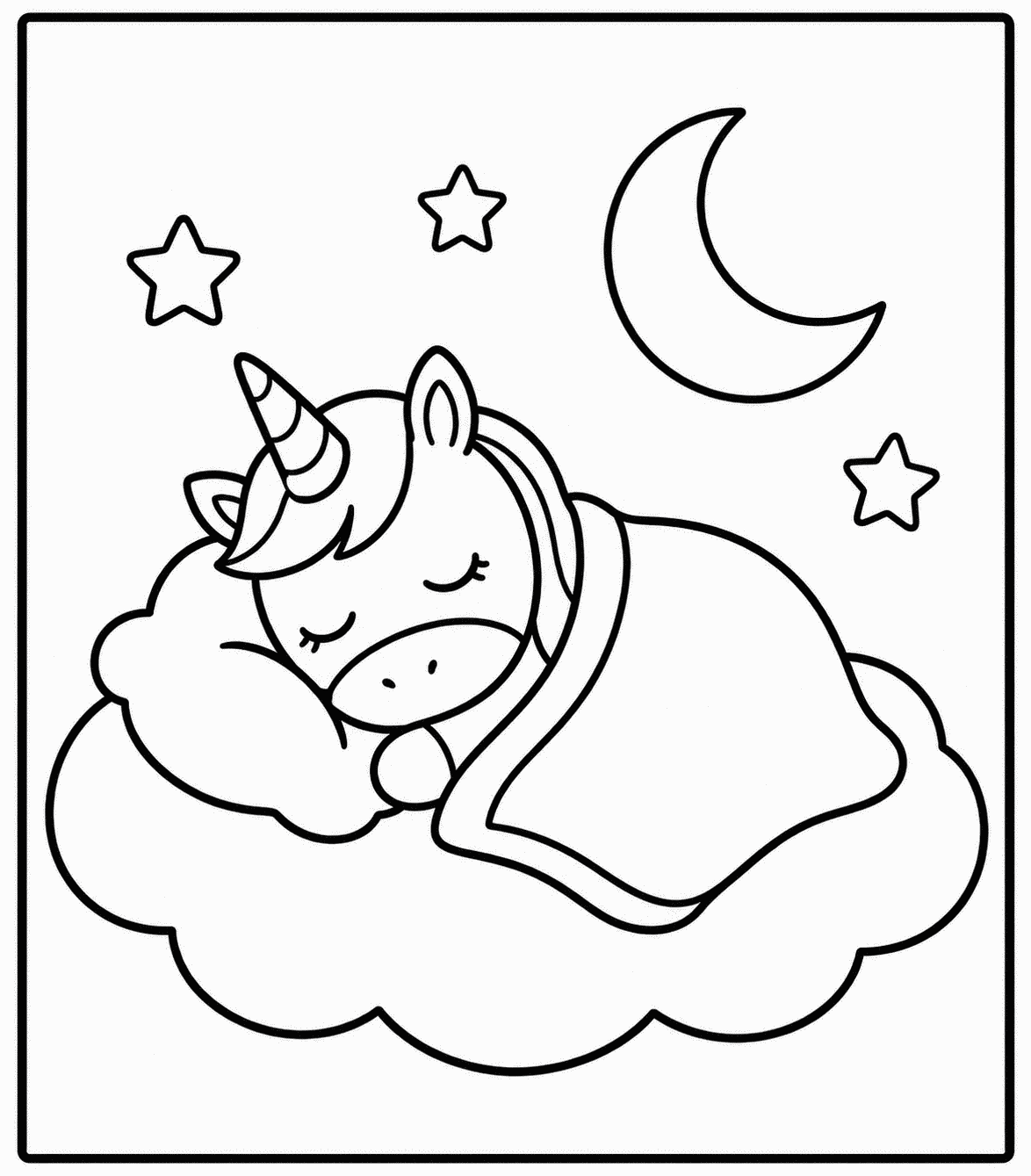 Outline drawing of a unicorn sleeping on a cloud pillow under the moon and stars