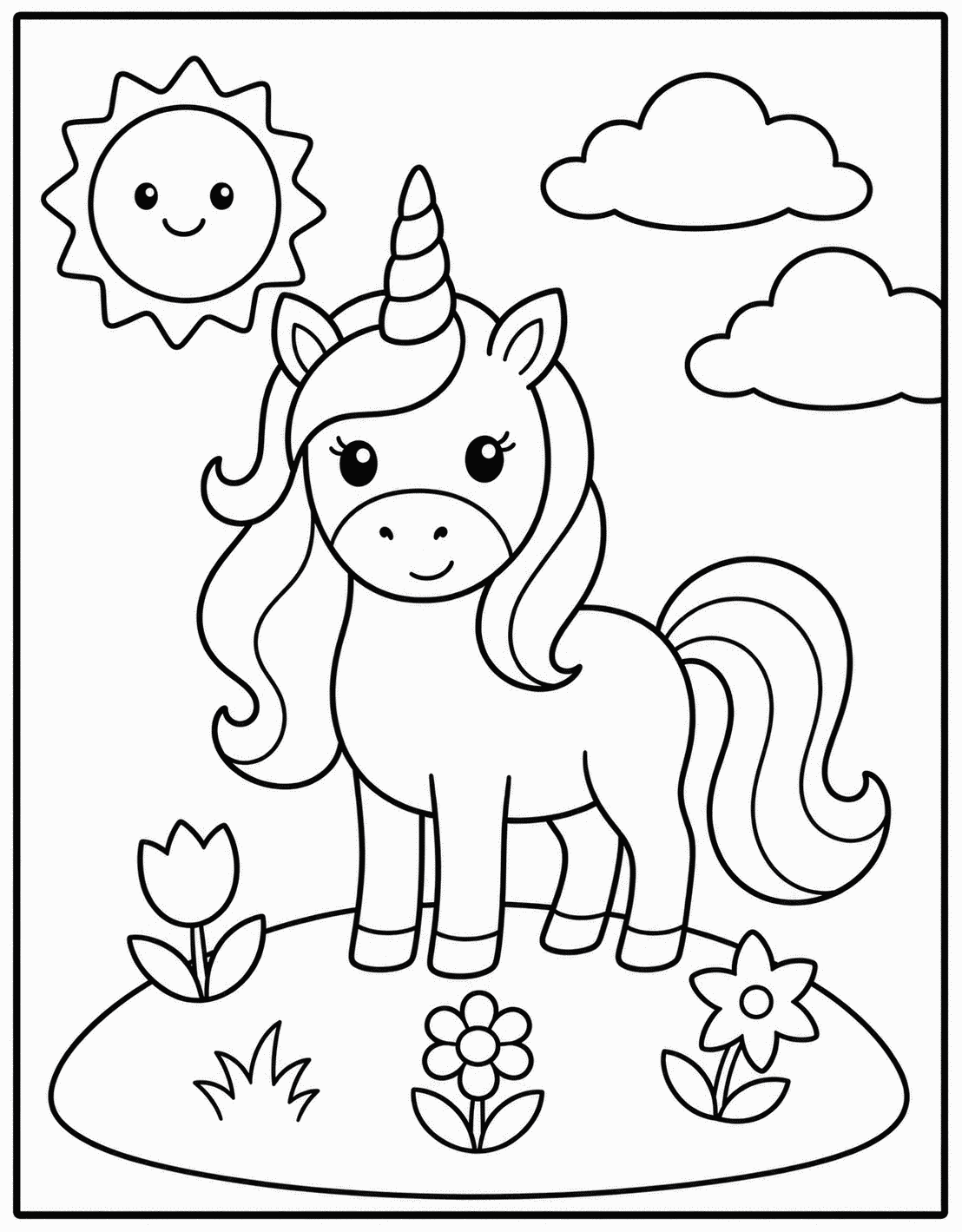 Outline drawing of a unicorn in a garden with a sun and clouds