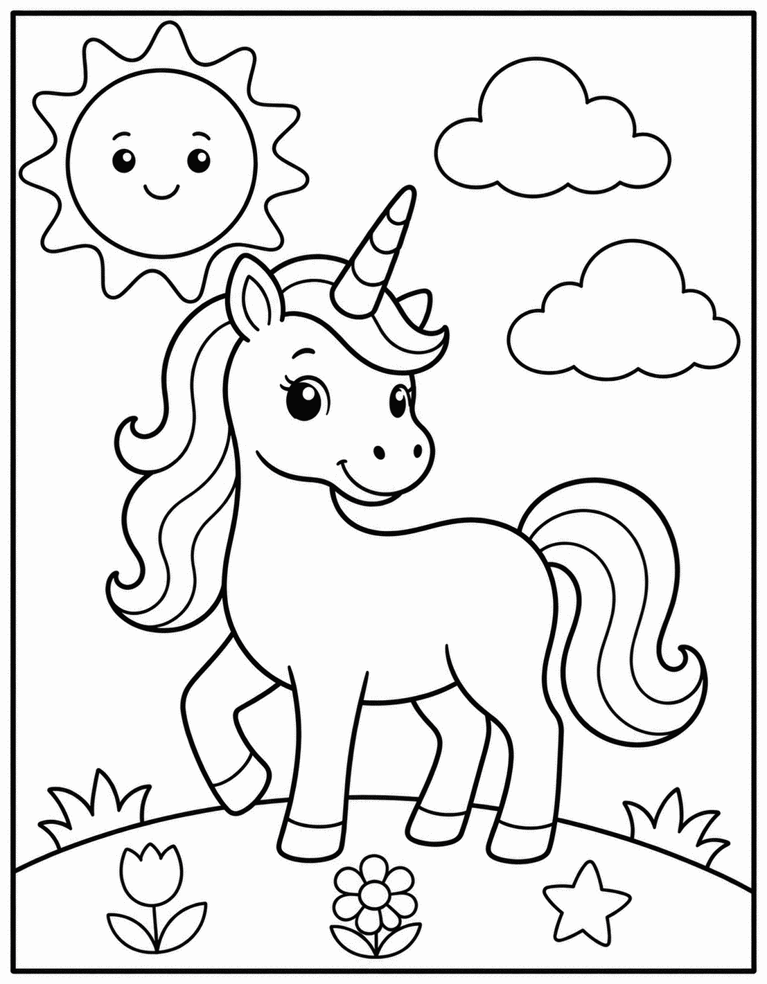 Outline drawing of a unicorn trotting under a smiling sun