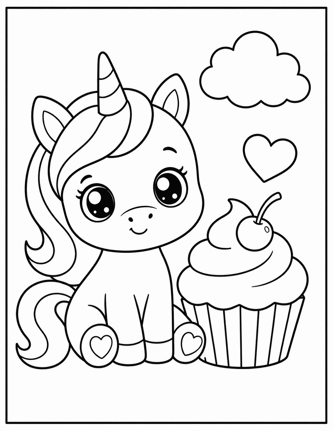 Outline drawing of a unicorn sitting next to a cherry-topped cupcake with a heart and cloud