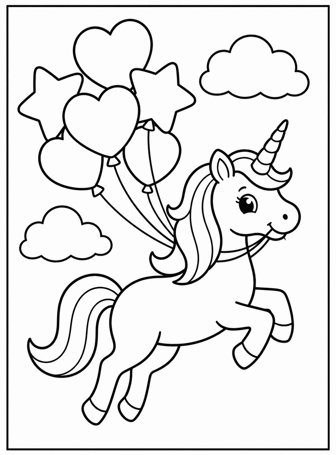 Outline drawing of a unicorn rearing up with heart and star balloons tied to its mane