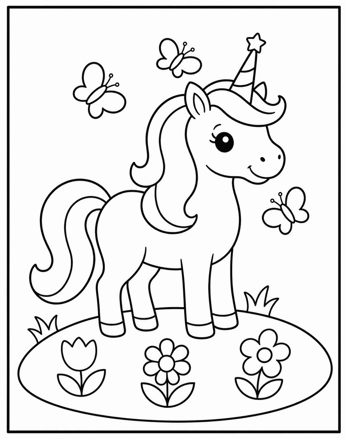 Outline drawing of a unicorn with a star-topped horn, butterflies, and flowers