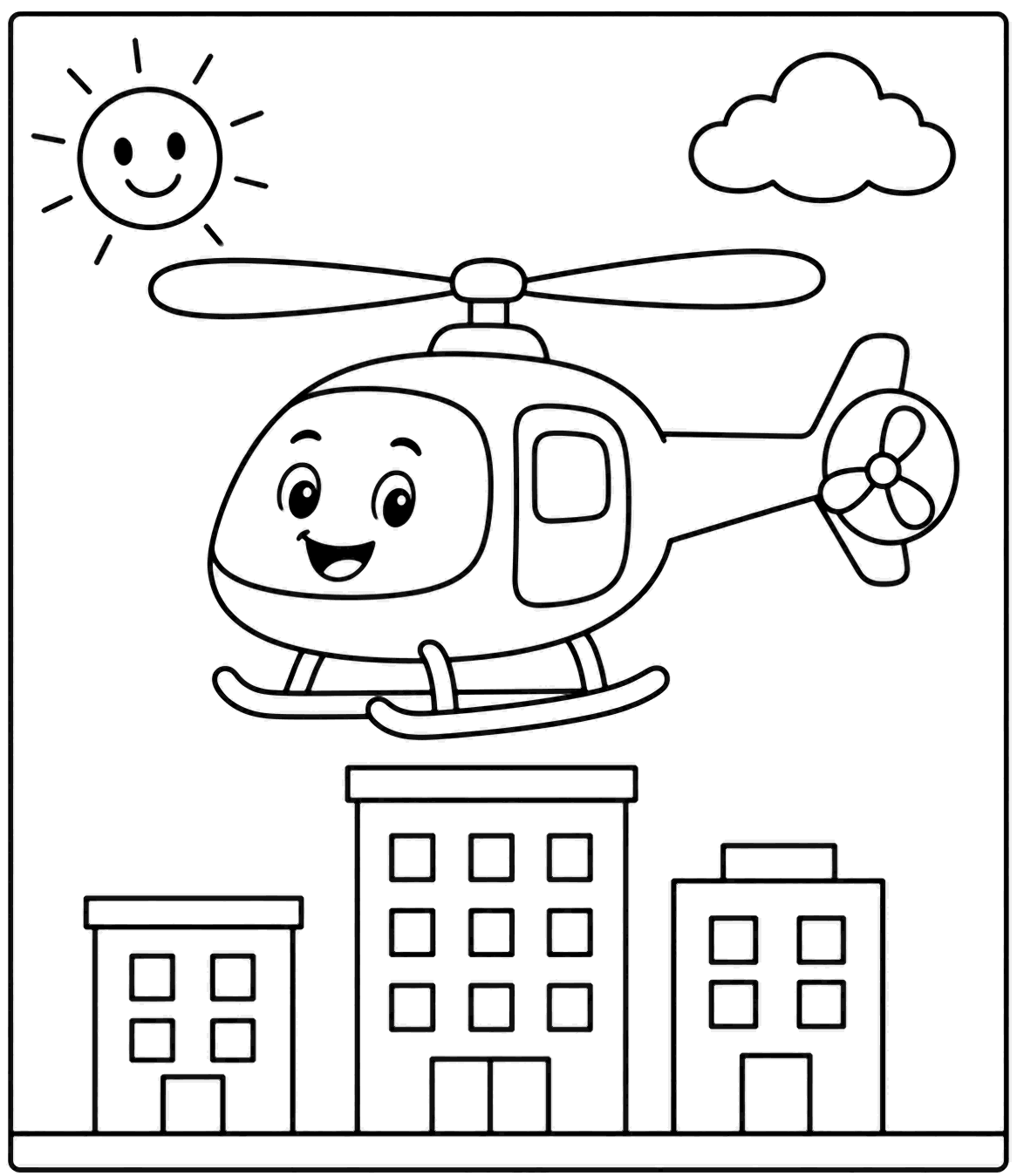 Outline drawing of a helicopter flying over city buildings under the sun